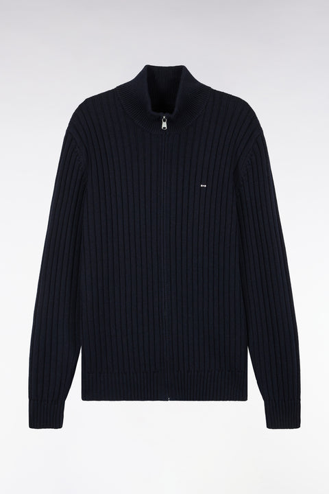Cardigan zippé à col camionneur en laine et coton marine côtelé coupe droite - Image 2