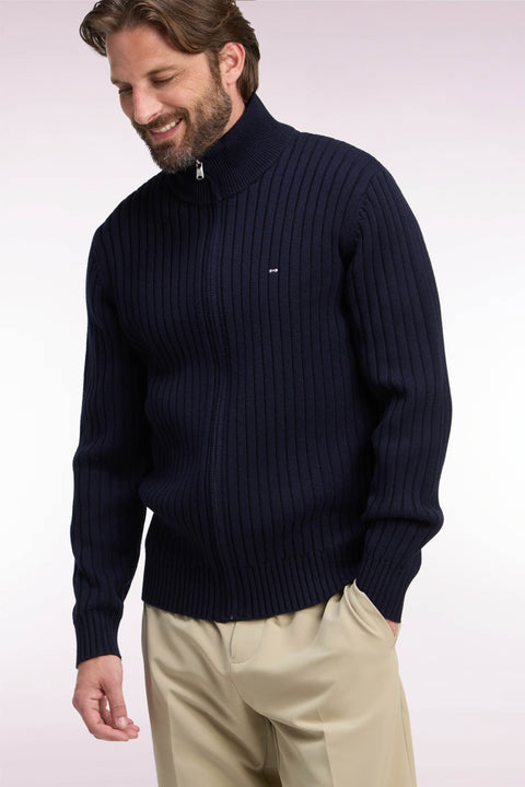 Cardigan zippé à col camionneur en laine et coton marine côtelé coupe droite - Image 1