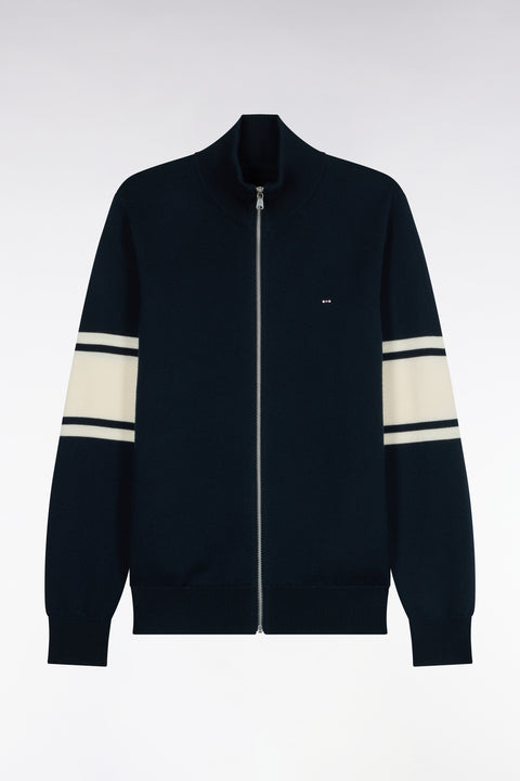 Cardigan zippé en laine mérinos marine à manches rayées coupe droite - Image 2