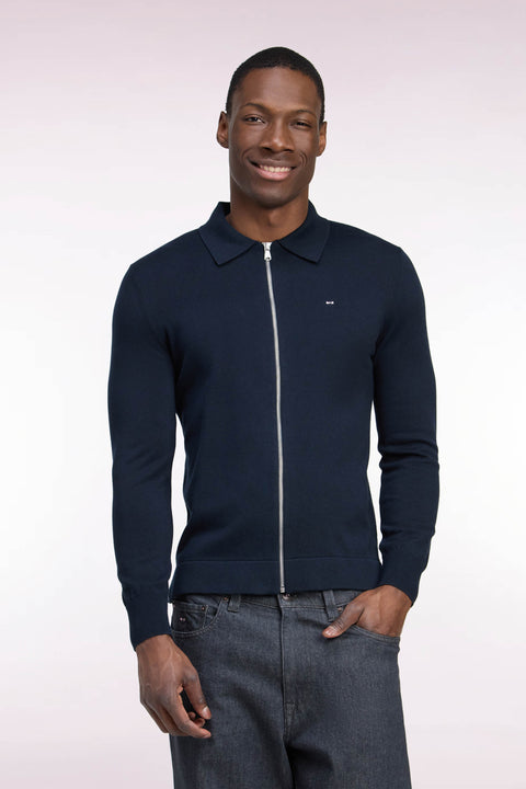 Cardigan zippé en coton et viscose marine coupe droite - Image 3