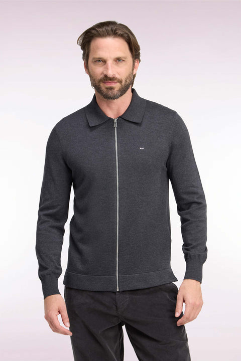 Cardigan zippé en coton et viscose gris foncé coupe droite - Image 3