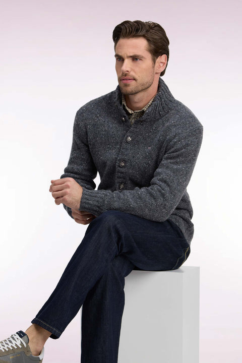 Gray heathered chunky knit straight cut buttoned cardigan - Image 1