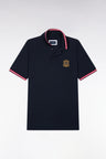Short-sleeved polo shirt in navy combed cotton pique with straight cut patch
