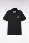 Short-sleeved polo shirt in brown combed cotton pique with straight cut badge
