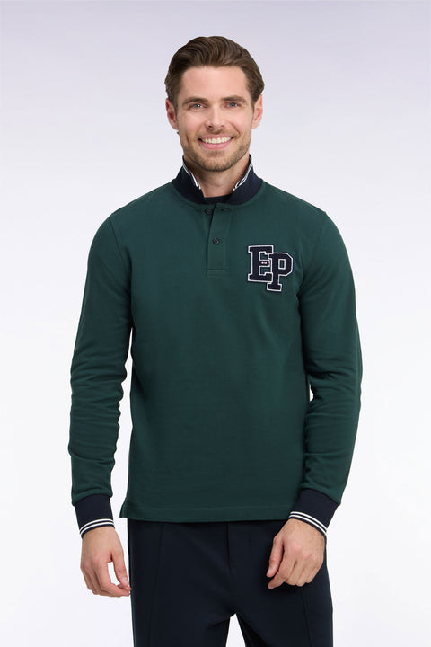 Polo manches longues en piqué de coton peigné vert foncé coupe droite - Image 3