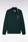 Long-sleeved straight-cut dark green combed cotton pique polo shirt
