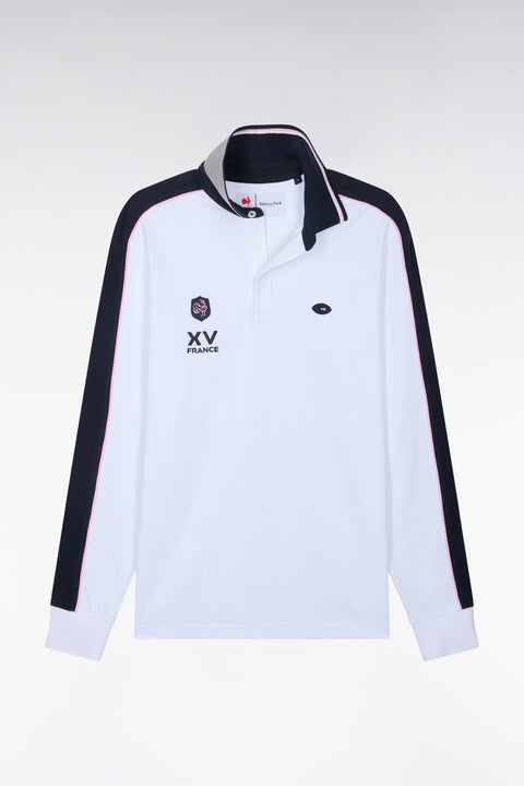 Polo à manches longues en piqué de coton peigné bicolore blanc XV de France - Image 2