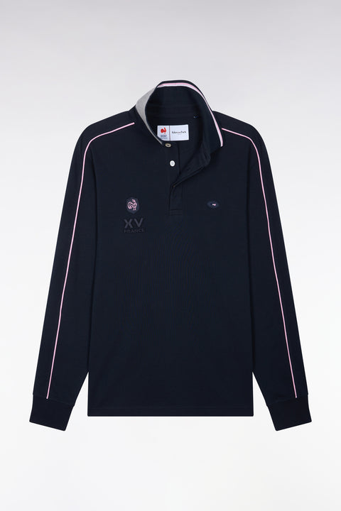 Polo à manches longues en piqué de coton peigné bicolore marine XV de France - Image 2