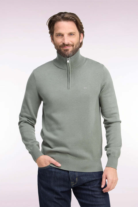 Straight cut olive green wool and cotton trucker neck sweater - Image 3