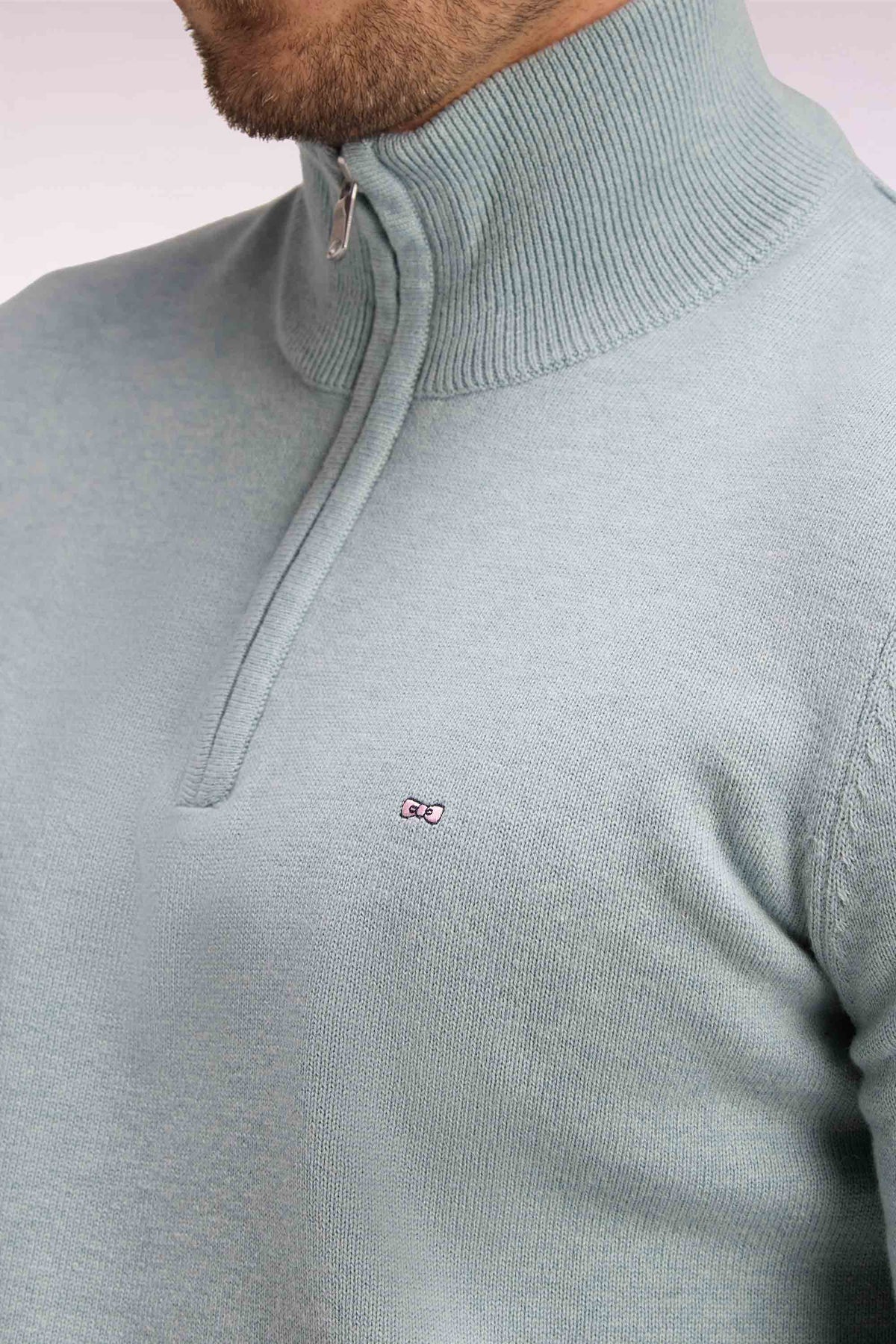 Straight cut water green wool and cotton trucker neck sweater