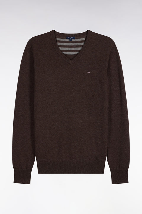 Straight cut brown wool and cotton V-neck sweater - Image 2