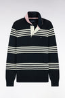 Straight cut ecru and navy cotton jersey collar sweater
