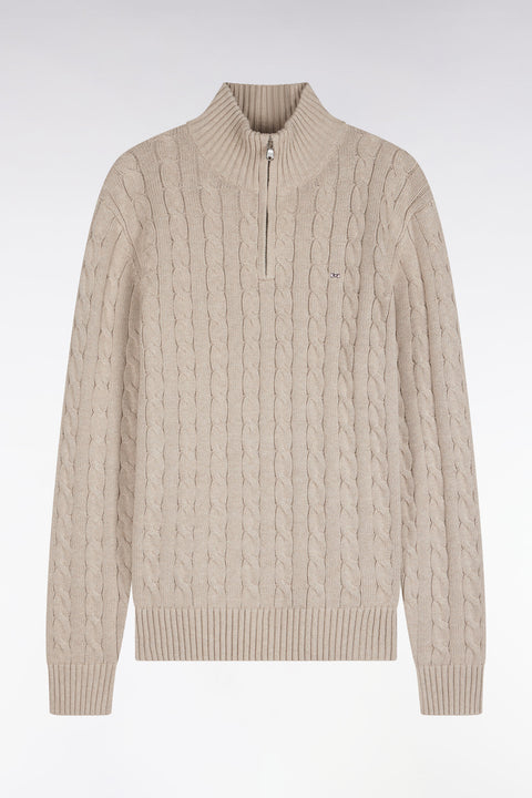 Pull à torsades à col camionneur en coton beige coupe droite - Image 2