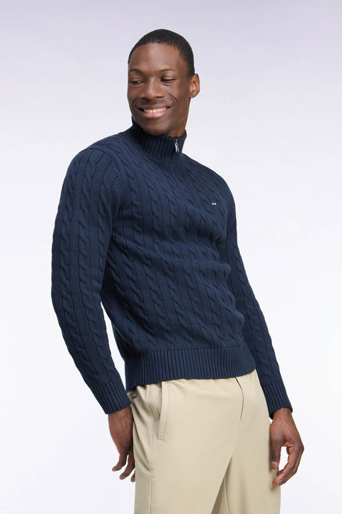 Pull à torsades à col camionneur en coton marine coupe droite - Image 1
