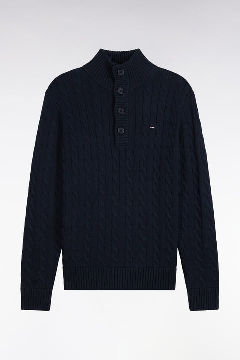 Pull à torsades col boutonné en coton marine coupe droite - Image 2