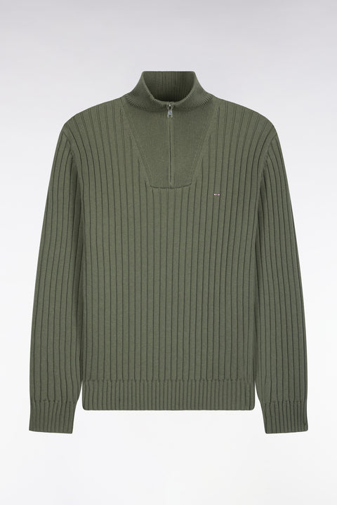 Pull col camionneur en laine et coton vert olive côtelé coupe droite - Image 2