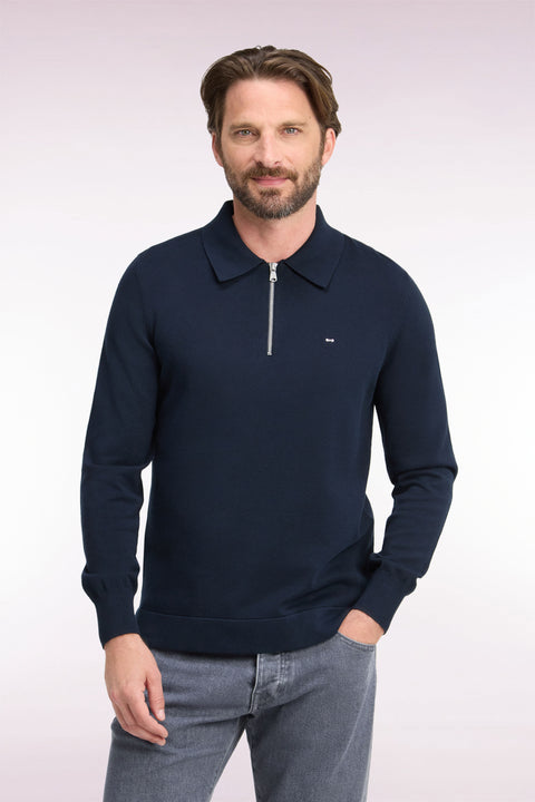 Pull à col polo zippé en coton et viscose marine coupe droite - Image 3