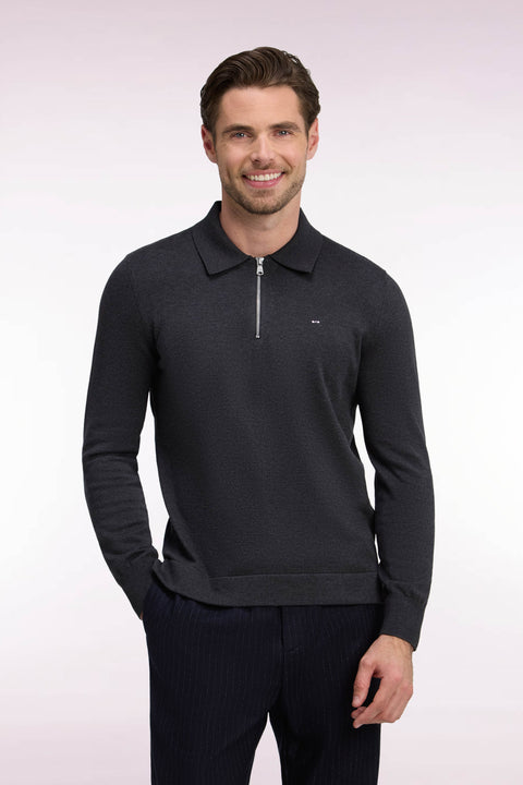 Pull à col polo zippé en coton et viscose gris foncé coupe droite - Image 3
