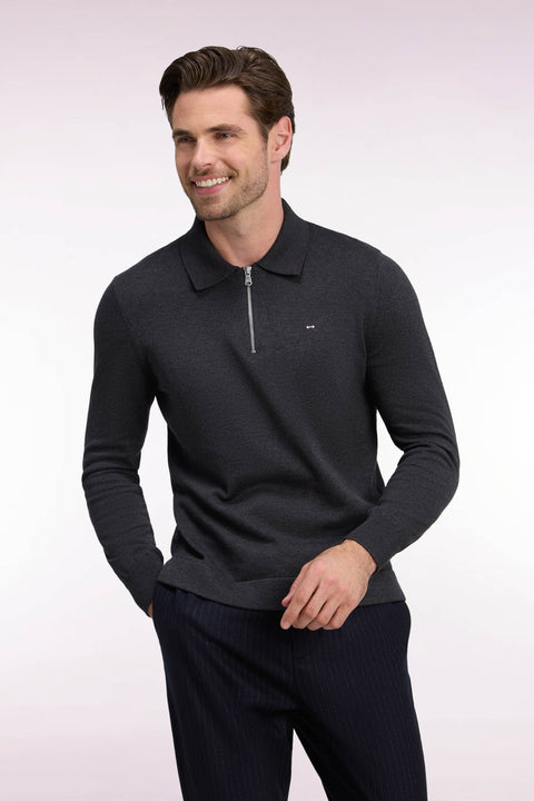 Pull à col polo zippé en coton et viscose gris foncé coupe droite - Image 1