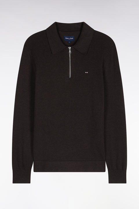 Pull à col polo zippé en coton et viscose marron coupe droite - Image 2