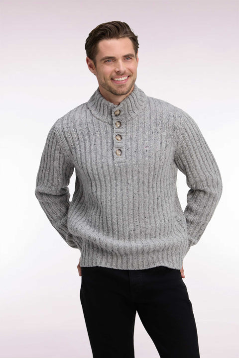Heather gray thick ribbed knit buttoned high-neck sweater - Image 1