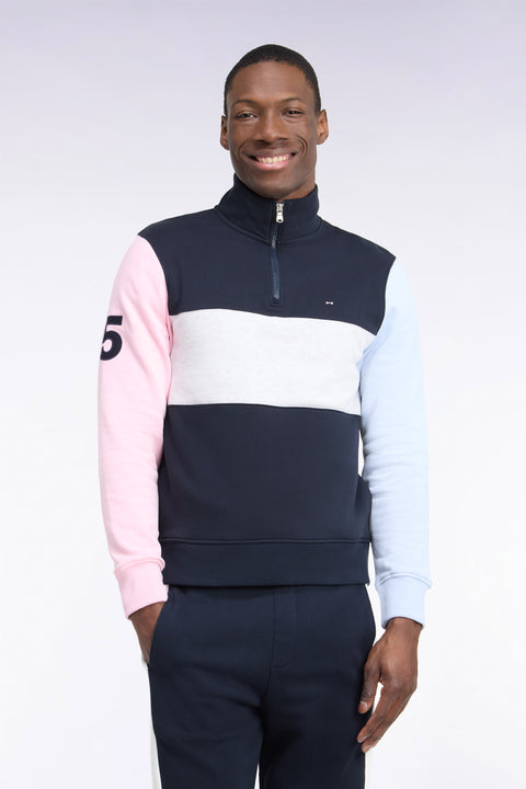 Sweatshirt col camionneur en coton marine à découpes coupe droite - Image 3