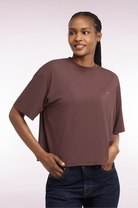T-shirt manches courtes en modal stretch marron coupe ample - Image 1