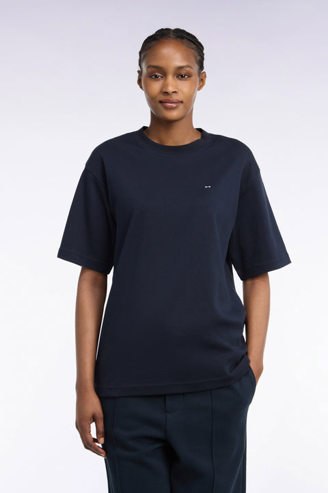 T-shirt col rond unisexe à manches courtes en coton mercerisé marine coupe loose - Image 3