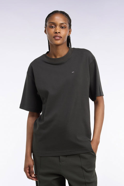 T-shirt col rond unisexe à manches courtes en coton mercerisé kaki coupe loose - Image 1