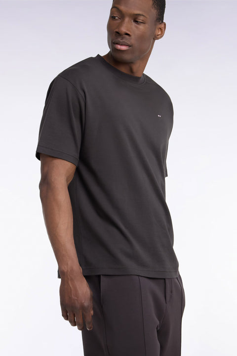 T-shirt col rond unisexe à manches courtes en coton mercerisé marron coupe loose - Image 1