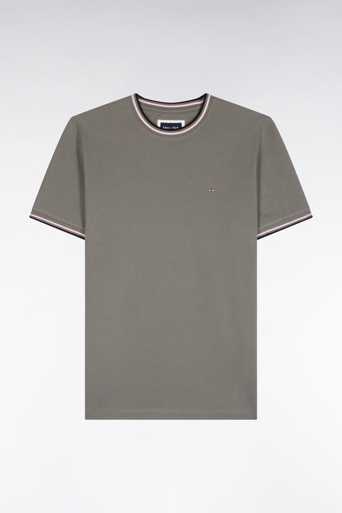 T-shirt manches courtes en coton vert olive à bords-côtes rayés coupe droite - Image 2