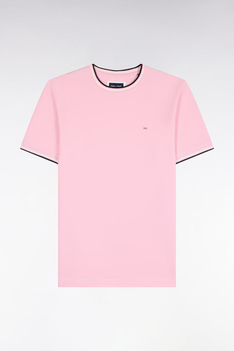 T-shirt manches courtes en coton rose à bords-côtes rayés coupe droite - Image 2