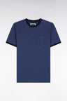 T-shirt manches courtes en coton bleu bords-côtes marine coupe droite
