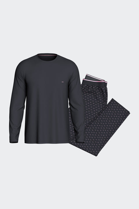 Ensemble pyjama long en coton T-shirt uni marine et pantalon imprimé nœuds papillon - Image 1