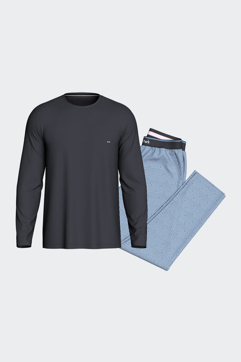 Ensemble pyjama long en coton T-shirt uni et pantalon à micromotifs pois bleu - Image 1