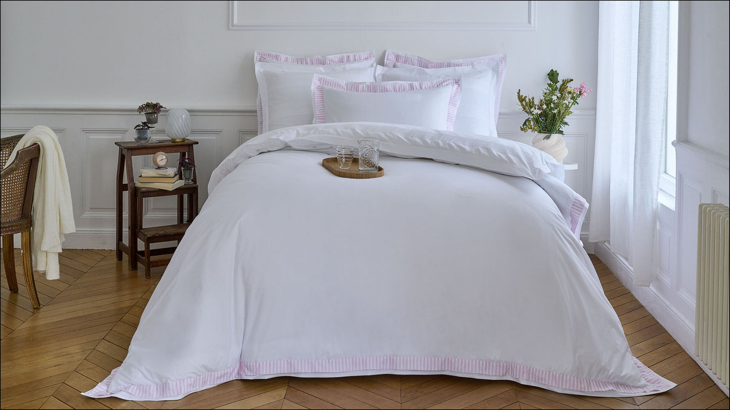 Housse de couette en percale de coton blanche bordures roses rayées