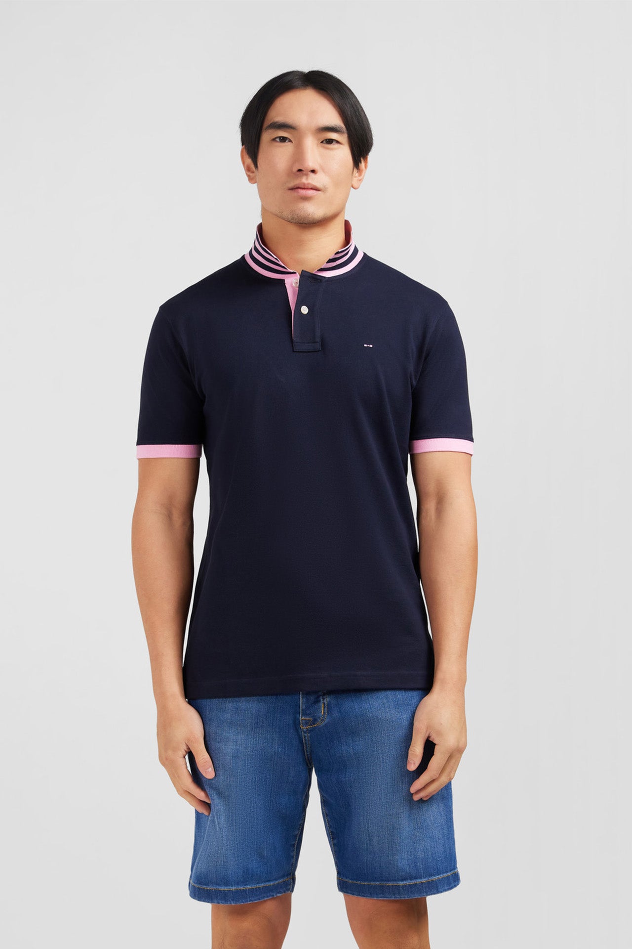 Navy blue pima cotton polo with contrasting accents