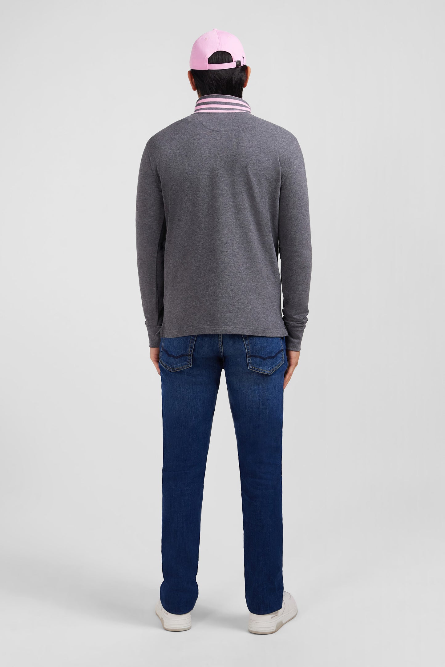 Polo manches longues gris en coton avec col contrasté