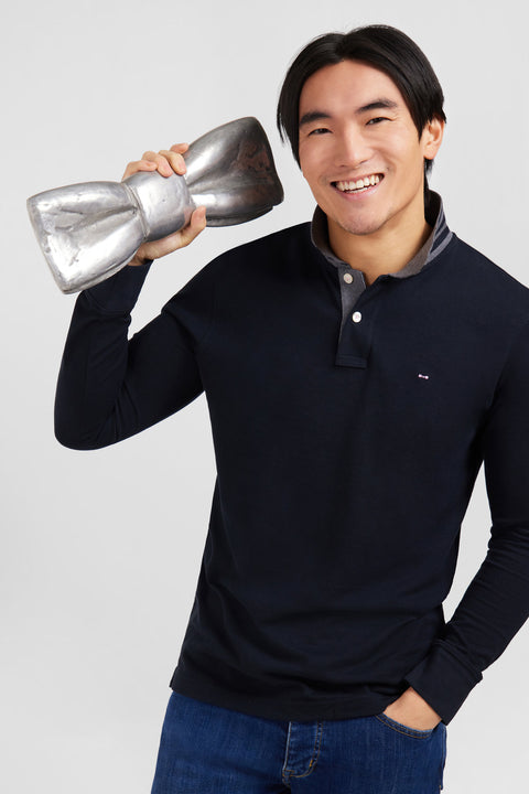 Polo manches longues noir en coton avec col contrasté - Image 3