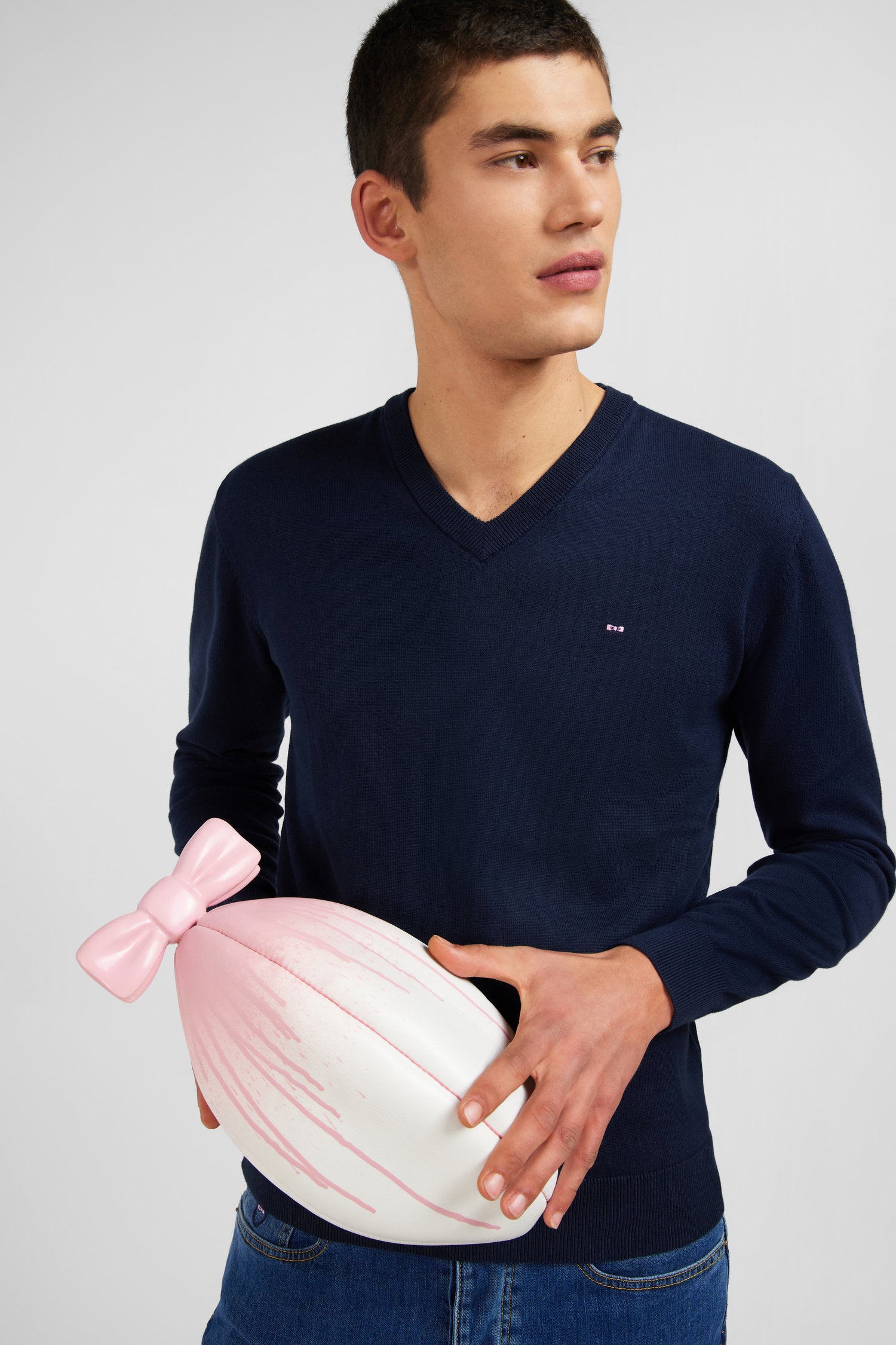 Navy blue cotton V-neck sweater