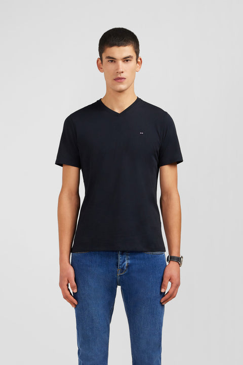 T-shirt noir col V à manches courtes - Image 1