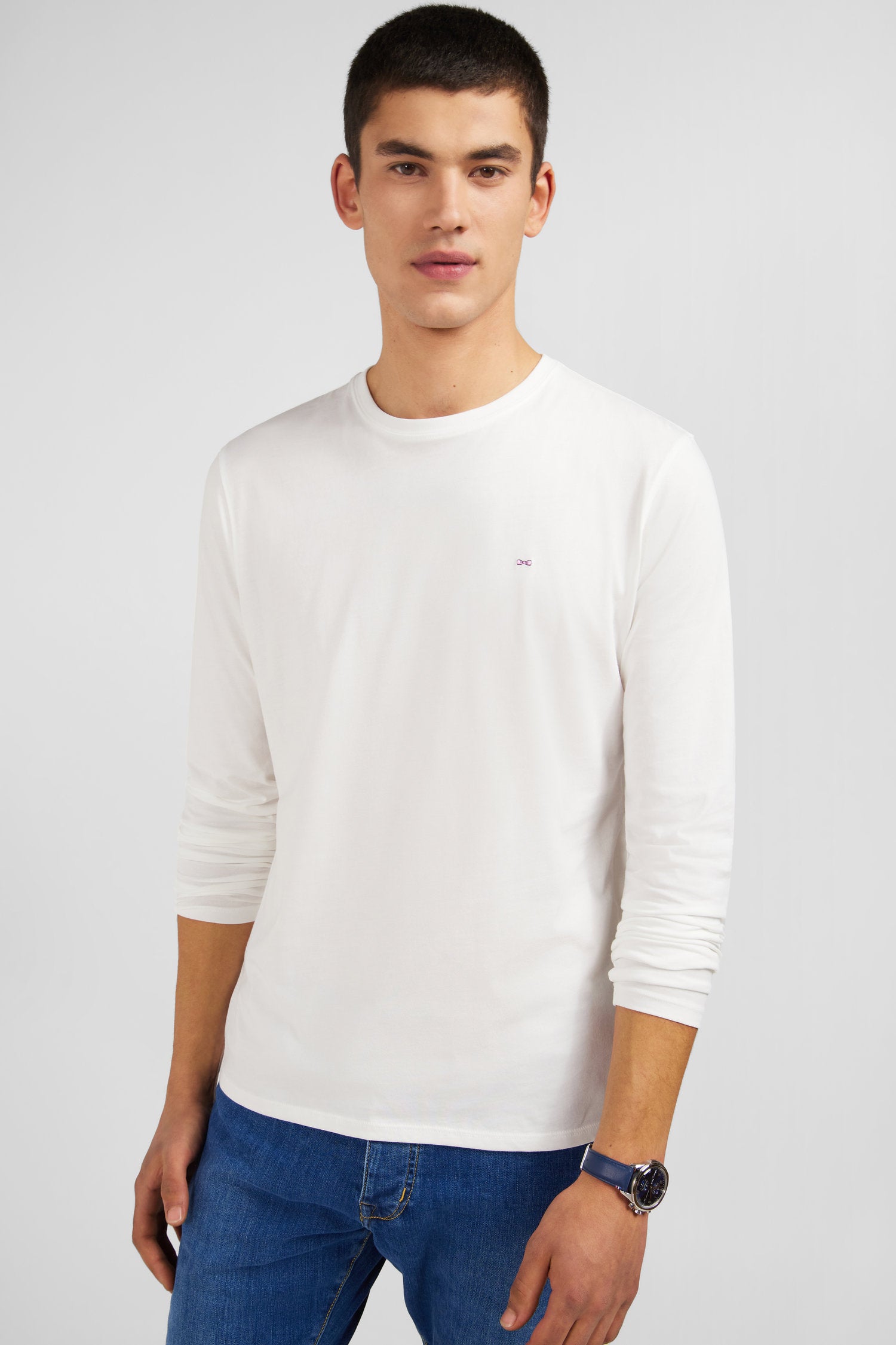 Col Rond T Shirt Manches Longues Blanc Maillot T-shirt Homme Col