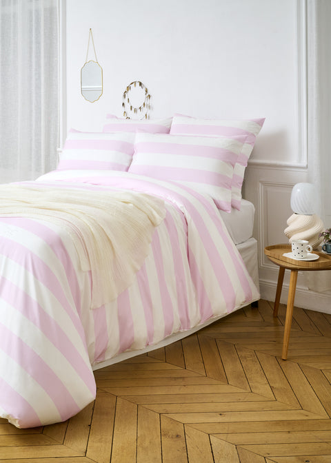 Housse de couette en percale de coton blanche à rayures roses - Image 1