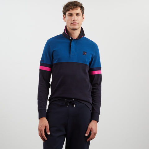 Blue long-sleeved colourblock rugby shirt - Image 3