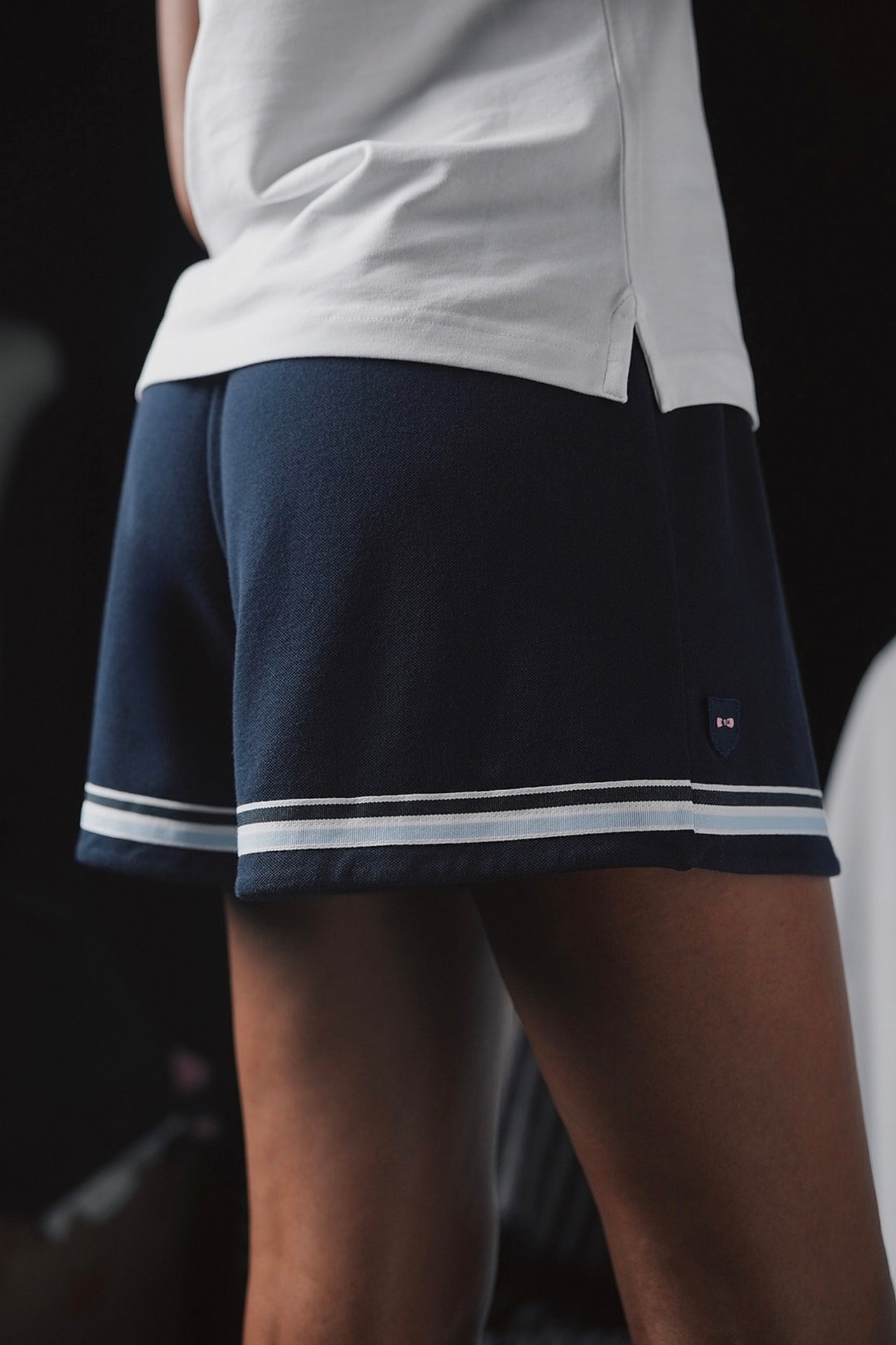 Pap'atelier navy shorts with elastic waist striped trims and crest