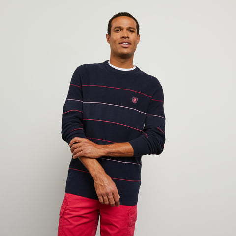 Dark blue striped jumper in combination knit - Image 3