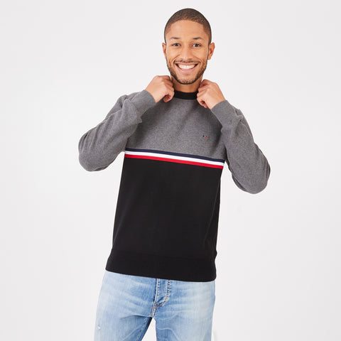 Grey round-neck sweater in textured cotton jersey - Image 1