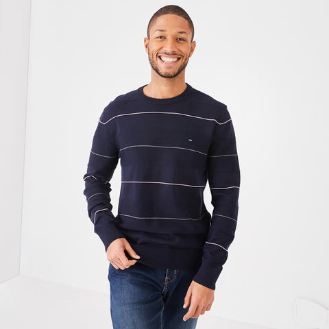 Navy blue striped cotton round-neck sweater - Image 1