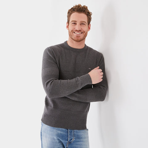 Grey round-neck sweater in textured striped cotton - Image 1