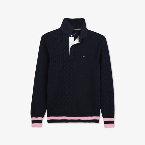 Navy cotton jersey-neck sweater with twists - Image 2